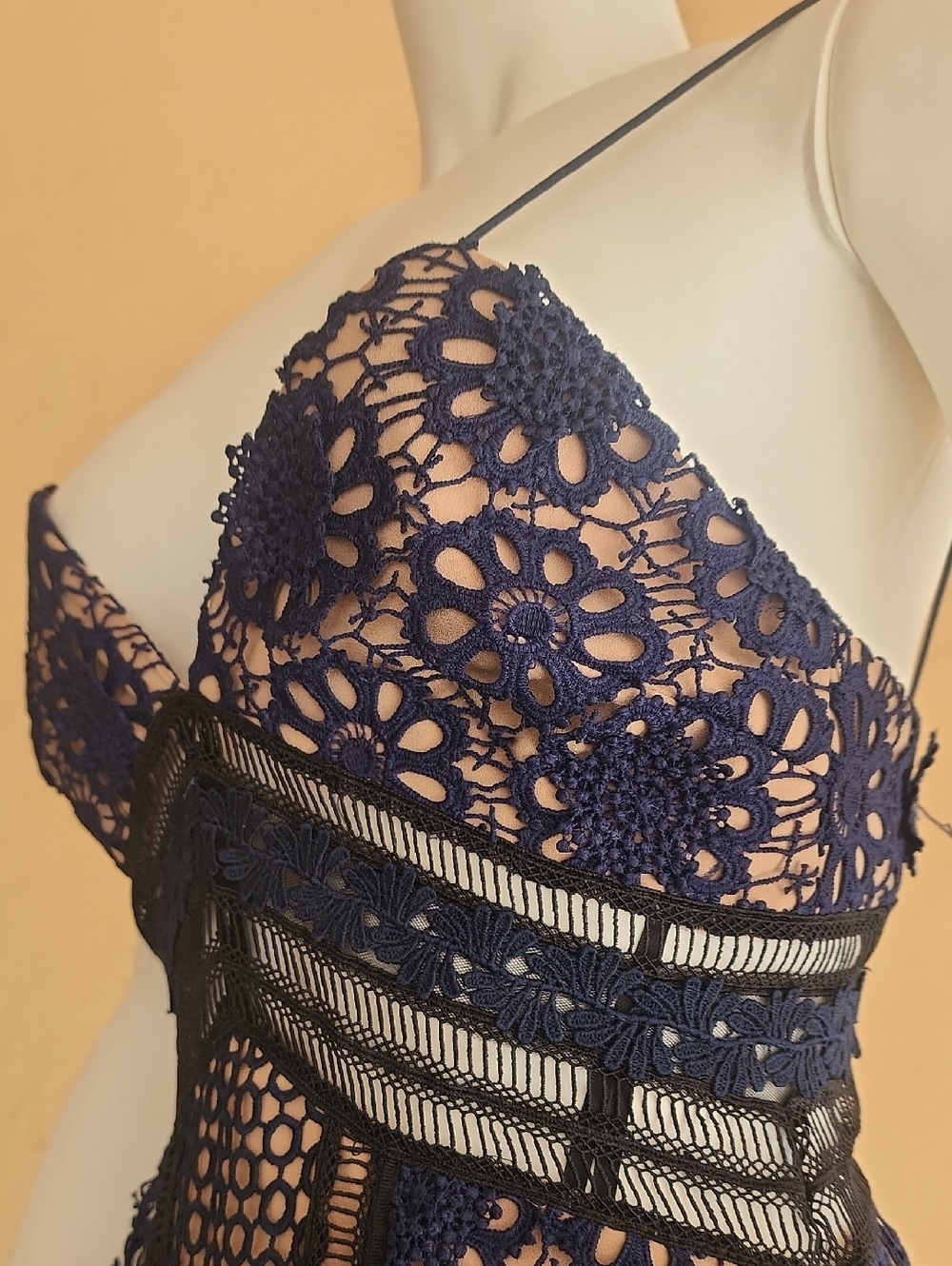 SELF-PORTRAIT Guipure Lace Midi Dress Size 0 Blue Nude Crochet A Line Party Wedd - Picture 11 of 15